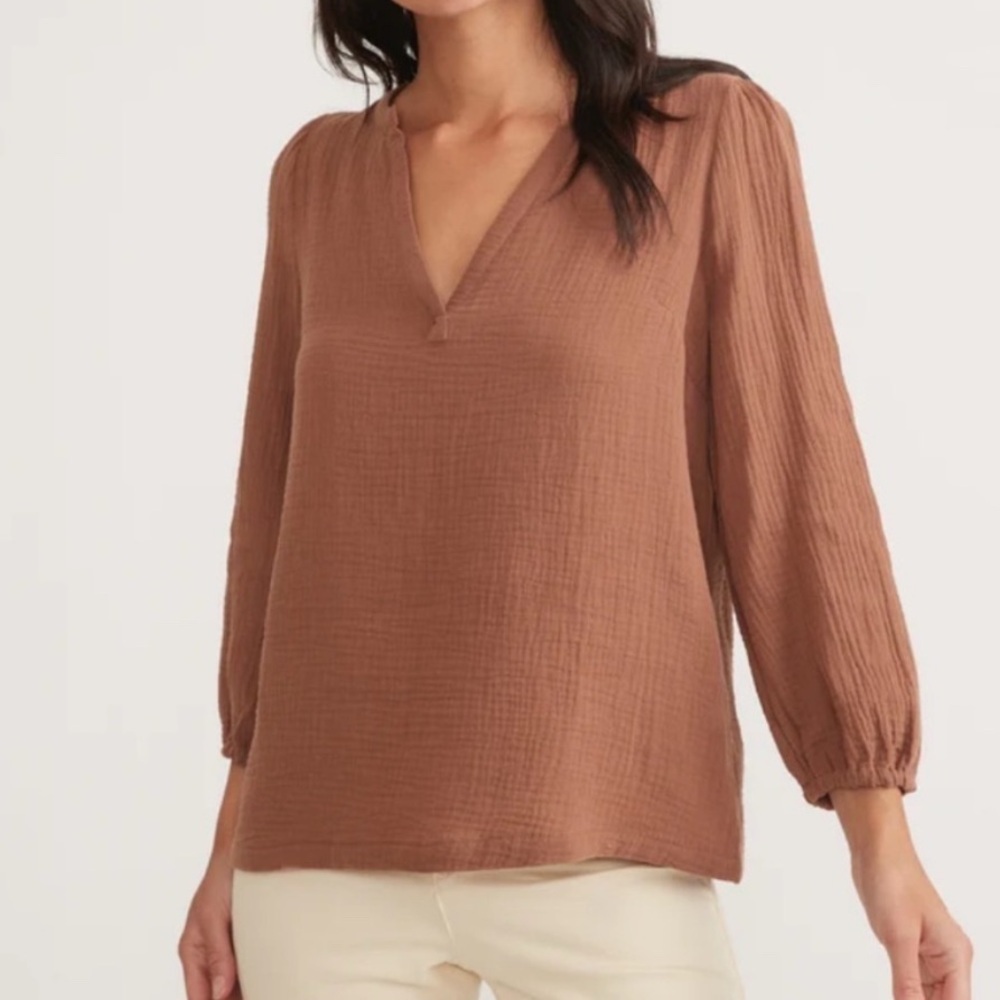 Marine Layer Jamie Banded Collar Top Size Small Cinnamon Brown Fall Cotton